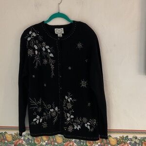 Stitches In Time Beaded Ribbon Embroidered Cardigan Sweater, Size M, Black, NWOT